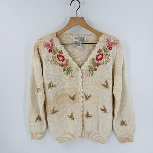 Vintage Private Party Ramie Cotton Floral 3D Knit Cardigan Sweater L Grannycore - Picture 10 of 10